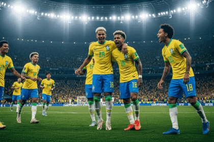 A vibrant and dynamic soccer scene depicting the Brazilian national team celebrating a goal against Germany, featuring young, talented players showcasing their skills under bright stadium lights with an enthusiastic crowd in the background. No texts on scene. Keywords: photorealistic style, high resolution, 4k details, HDR, cinematic lighting, professional photography, studio lighting, vibrant colors.