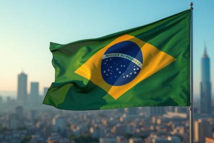 A close-up of a Brazilian flag fluttering in the wind with a background of a city skyline, symbolizing the country's commitment to international agreements, photorealistic, 4K, HDR, cinematic lighting, ultra detailed, award-winning photography, studio shot, vibrant colors.