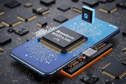 A visualização apresenta um smartphone moderno exibindo os novos chips M320 e M340 da Broadcom, proporcionando uma conexão LTE robusta, cercado por elementos tecnológicos e circuitos que simbolizam integração e inovação em um ambiente dinâmico. No scene, no texts on scene. Keywords: photorealistic style, high resolution, 4k details, HDR, cinematic lighting, professional photography, studio lighting, vibrant colors.