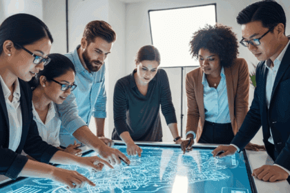 A visually striking scene depicting a diverse group of professionals collaboratively mapping out a strategic plan on a large digital touch screen, surrounded by dynamic cityscapes symbolizing growth and innovation. No texts on scene. Keywords: photorealistic style, high resolution, 4k details, HDR, cinematic lighting, professional photography, studio lighting, vibrant colors.