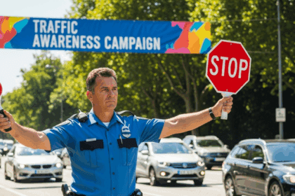 A police officer in a blue uniform stands beside a road, holding a stop sign, while cars drive by and a large banner reading "Traffic Awareness Campaign" hangs in the background, surrounded by trees and bright sunlight; photorealistic, 4K, HDR, cinematic lighting, ultra detailed, award-winning photography, vibrant colors.