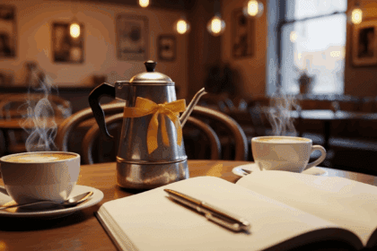 A cozy café setting with a table featuring two coffee cups, a yellow ribbon, and an open notebook with a pen, surrounded by soft warm lighting to evoke a relaxed conversation about mental health. Photorealistic, 4K, HDR, cinematic lighting, ultra detailed, award-winning photography, studio shot, vibrant colors.
