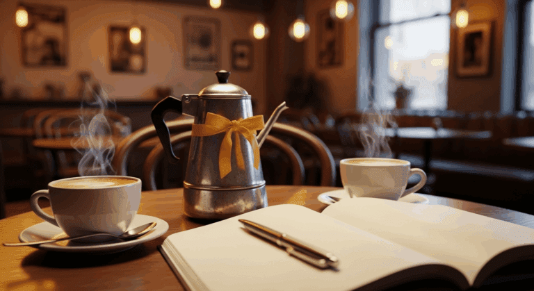 A cozy café setting with a table featuring two coffee cups, a yellow ribbon, and an open notebook with a pen, surrounded by soft warm lighting to evoke a relaxed conversation about mental health. Photorealistic, 4K, HDR, cinematic lighting, ultra detailed, award-winning photography, studio shot, vibrant colors.