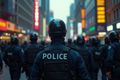 A police officer guiding a group of detained individuals in a bustling urban setting, surrounded by city buildings and a busy street scene, in the heart of a vibrant metropolis. Photorealistic, 4K, HDR, cinematic lighting, ultra detailed, award-winning photography, studio shot, vibrant colors.