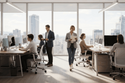 An inviting modern office setting in Belo Horizonte featuring young professionals engaged in collaborative discussions and exploring internship opportunities, with city skyline views through large windows reflecting a vibrant work atmosphere. no texts on scene. Photorealistic style, high resolution, 4k details, HDR, cinematic lighting, professional photography, studio lighting, vibrant colors.