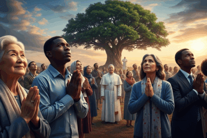 A powerful scene depicting a gathering of diverse people from around the world, united in prayer and hope, as a symbolic representation of the Pope stands in the background, with a serene landscape symbolizing peace and human preservation. no texts on scene. photorealistic style, high resolution, 4k details, HDR, cinematic lighting, professional photography, studio lighting, vibrant colors.