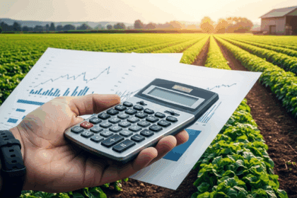 A close-up of a hand holding a calculator with financial documents and a graph showing an upward trend in the background, surrounded by agricultural imagery such as crops and farm equipment, photorealistic, 4K, HDR, cinematic lighting, ultra detailed, award-winning photography, vibrant colors.