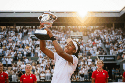 A vibrant and triumphant scene capturing Coco Gauff raising her trophy in celebration after defeating Sabalenka at Roland Garros, with a backdrop of cheering fans and the iconic clay court illuminated by golden sunlight. no texts on scene. Keywords: photorealistic style, high resolution, 4k details, HDR, cinematic lighting, professional photography, studio lighting, vibrant colors.
