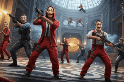 A dynamic video game scene showcasing characters from Free Fire engaging in an action-packed heist, inspired by La Casa de Papel, with vibrant colors and stylish costumes that pay homage to the iconic show. no texts on scene. photorealistic style, high resolution, 4k details, HDR, cinematic lighting, professional photography, studio lighting, vibrant colors.