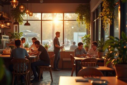 A cozy cafe scene with a barista serving coffee to customers, warm natural light filtering through the large windows, comfortable seating, and plants in the background, photorealistic, 4K, HDR, cinematic lighting, ultra detailed, award-winning photography, studio shot, vibrant colors.