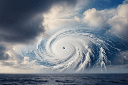 A powerful hurricane with dark swirling clouds and raging winds over a turbulent ocean, showing the eye of the storm clearly, against a dramatic sky. Photorealistic, 4K, HDR, cinematic lighting, ultra detailed, award-winning photography, vibrant colors.