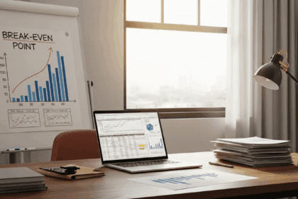 A detailed office scene with a clear graph showing the break-even point on a whiteboard, with a laptop and financial documents on a wooden desk, soft natural light coming through a window, photorealistic, 4K, HDR, cinematic lighting, ultra detailed, award-winning photography.