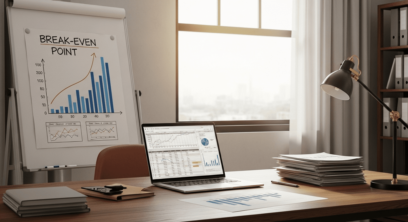 A detailed office scene with a clear graph showing the break-even point on a whiteboard, with a laptop and financial documents on a wooden desk, soft natural light coming through a window, photorealistic, 4K, HDR, cinematic lighting, ultra detailed, award-winning photography.