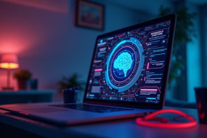 A sleek, modern chatbot interface on a computer screen, with vibrant colors and digital elements representing artificial intelligence, surrounded by a soft glow, photorealistic, 4K, HDR, cinematic lighting, ultra detailed, award-winning photography.