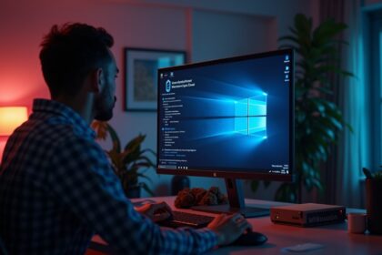 A computer screen displaying a Windows 11 interface with a notification about a system recall, surrounded by a concerned individual in a modern home office, photorealistic, 4K, HDR, cinematic lighting, ultra detailed, award-winning photography, studio shot, vibrant colors.