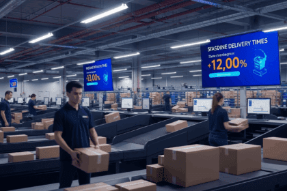 A dynamic scene depicting a modern postal facility bustling with activity, showcasing workers efficiently processing packages with a digital display indicating a dramatic reduction in delivery times alongside international parcels, emphasizing speed and reliability in e-commerce logistics. no texts on scene. photorealistic style, high resolution, 4k details, HDR, cinematic lighting, professional photography, studio lighting, vibrant colors.