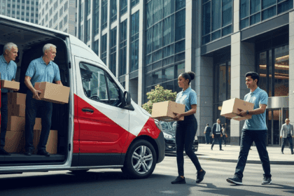 A dynamic urban scene featuring a modern delivery van with a sleek design parked in front of a bustling office building, with couriers efficiently loading packages for same-day delivery in an energetic city environment. no texts on scene. photorealistic style, high resolution, 4k details, HDR, cinematic lighting, professional photography, studio lighting, vibrant colors.