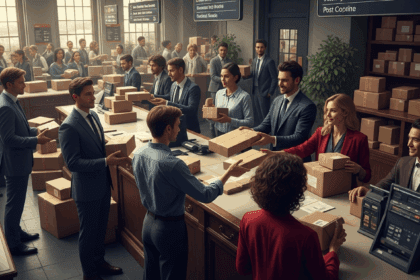 A dramatic scene depicts a bustling modern post office with people eagerly discussing packages and parcels, reflecting a shift in international shipping practices. No texts on scene. Keywords: photorealistic style, high resolution, 4k details, HDR, cinematic lighting, professional photography, studio lighting, vibrant colors.