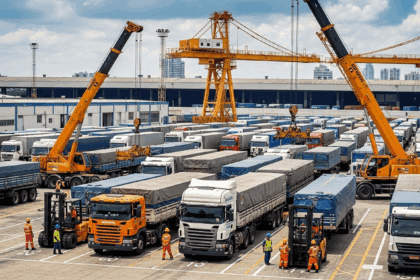 A detailed view of a busy truck yard in São Paulo, Brazil, with trucks being organized and processed for sorting, surrounded by industrial equipment and personnel in safety gear, all captured in photorealistic, 4K, HDR, cinematic lighting, ultra detailed, award-winning photography, studio shot, vibrant colors.