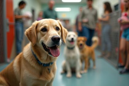 A busy animal shelter on a weekend filled with a variety of pets seeking adoption, showcasing dogs and cats in a vibrant and welcoming environment with visitors interacting with them, photorealistic, 4K, HDR, cinematic lighting, ultra detailed, award-winning photography, studio shot, vibrant colors.