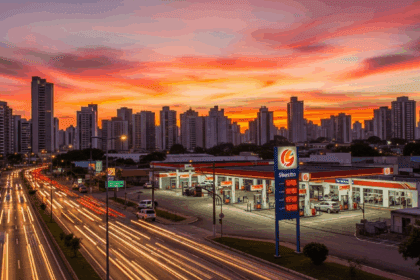A vibrant cityscape of Belo Horizonte shows gas stations with fuel prices dynamically displayed, while the skyline reflects a sunset glow, symbolizing the rising fuel costs. No texts on scene. Keywords: photorealistic style, high resolution, 4k details, HDR, cinematic lighting, professional photography, studio lighting, vibrant colors.