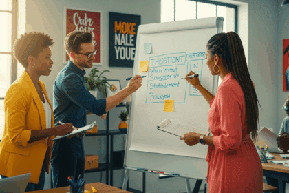 A vibrant and inspiring scene depicting a diverse group of professionals collaborating in a modern office environment, brainstorming and crafting a compelling mission statement on a large whiteboard, surrounded by motivational artwork and natural light streaming through large windows. no texts on scene. keywords: photorealistic style, high resolution, 4k details, HDR, cinematic lighting, professional photography, studio lighting, vibrant colors.