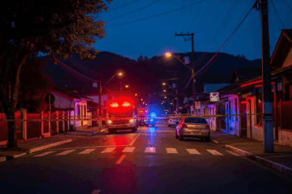 A somber street scene in Gramado, Brazil, depicting a quiet neighborhood with a camera focus on a police cordon and emergency lights, creating a tense atmosphere, with reflections and shadows emphasizing the mood, photorealistic, 4K, HDR, cinematic lighting, ultra detailed, award-winning photography, studio shot, vibrant colors.
