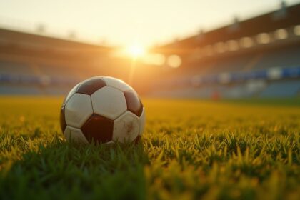 A close-up shot of a soccer ball resting on a pitch, with a faint silhouette of a stadium in the background, captured during golden hour, highlighting the grass texture and ball details, photorealistic, 4K, HDR, cinematic lighting, ultra detailed, award-winning photography, vibrant colors.