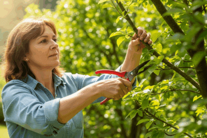 A close-up of a person carefully pruning a tree in a lush green garden in Lagoa Santa, with sunlight filtering through the leaves, highlighting the fresh cuts and vibrant foliage. Photorealistic, 4K, HDR, cinematic lighting, ultra detailed, award-winning photography, studio shot, vibrant colors.