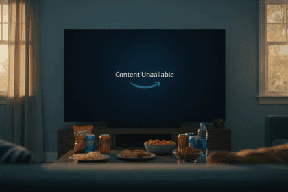 A close-up shot of an Amazon Prime Video screen displaying a "Content Unavailable" message, set in a cozy living room with soft lighting and a coffee table with snacks, photorealistic, 4K, HDR, cinematic lighting, ultra detailed, award-winning photography.