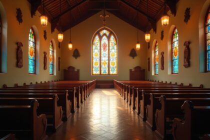 A quiet church interior in Minas Gerais, with soft lighting filtering through stained glass windows and empty pews, evoking a sense of stillness and contemplation. Photorealistic, 4K, HDR, cinematic lighting, ultra detailed, award-winning photography, vibrant colors.