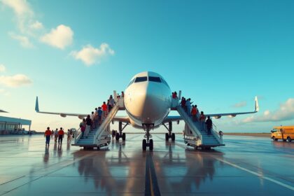 A commercial airplane at an airport in Fortaleza, Brazil, with Brazilian passengers boarding, surrounded by airport personnel, and a clear blue sky in the background. Photorealistic, 4K, HDR, cinematic lighting, ultra detailed, award-winning photography, studio shot, vibrant colors.