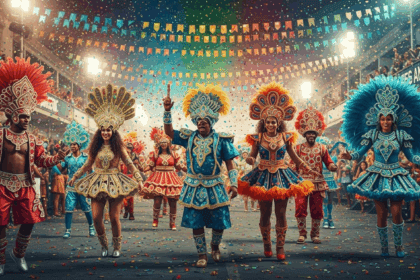 A lively scene of colorful carnival blocks in Belo Horizonte, featuring people wearing vibrant costumes dancing and celebrating in the streets with decorations and confetti around, captured in photorealistic, 4K, HDR, cinematic lighting, ultra detailed, award-winning photography, studio shot, vibrant colors.