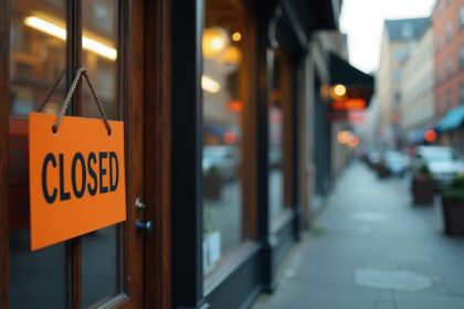 A close-up of a 'closed' sign hanging on a shop door with empty streets and faded storefronts in the background, photorealistic, 4K, HDR, cinematic lighting, ultra detailed, award-winning photography, studio shot, vibrant colors.