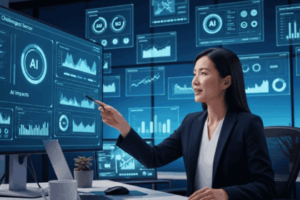 A modern office setting with a CEO discussing challenges in the SaaS sector while analyzing AI impacts on a large screen, surrounded by tech devices and charts, photorealistic, 4K, HDR, cinematic lighting, ultra detailed, award-winning photography, studio shot, vibrant colors.