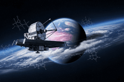 A detailed scene depicting the James Webb Space Telescope hovering in the vastness of space, capturing a vibrant exoplanet with swirling clouds and a mysterious atmosphere while molecular structures are subtly illustrated around the planet. no texts on scene. Photorealistic style, high resolution, 4k details, HDR, cinematic lighting, professional photography, studio lighting, vibrant colors.