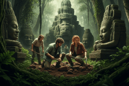 A captivating scene of archaeologists uncovering ancient ruins in a lush, overgrown jungle, surrounded by intricate carvings and hints of a lost civilization. no texts on scene. photorealistic style, high resolution, 4k details, HDR, cinematic lighting, professional photography, studio lighting, vibrant colors.