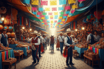 A vibrant Mexican market scene brimming with colorful textiles, traditional crafts, and lively street performers, capturing the rich cultural and historical heritage of Mexico. no texts on scene. photorealistic style, high resolution, 4k details, HDR, cinematic lighting, professional photography, studio lighting, vibrant colors.