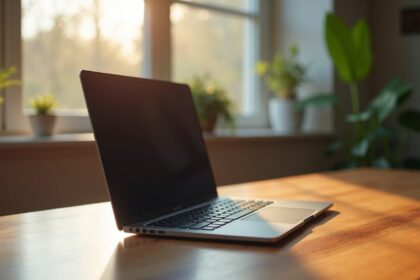 A sleek, modern laptop displayed on a wooden desk with a minimalist design, soft natural light filtering through a nearby window, reflecting off the polished surface, with a blurred background of a cozy, stylish workspace, photorealistic, 4K, HDR, cinematic lighting, ultra detailed, award-winning photography, studio shot, vibrant colors.