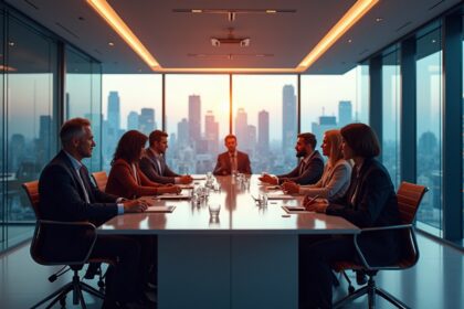 A modern office space with a sleek conference table, diverse professionals engaged in discussion, and a large window showing a city skyline outside. Photorealistic, 4K, HDR, cinematic lighting, ultra detailed, award-winning photography, studio shot, vibrant colors.