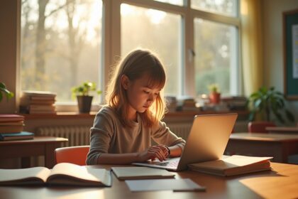 A bright classroom with a single female student attentively engaging with a laptop, surrounded by books and notes, sunlight streaming through large windows, creating a warm atmosphere. Photorealistic, 4K, HDR, cinematic lighting, ultra detailed, award-winning photography, studio shot, vibrant colors.