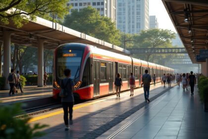 A bustling São Paulo train station during a car-free day, with commuters boarding a modern train, surrounded by greenery and urban architecture in the background. Photorealistic, 4K, HDR, cinematic lighting, ultra detailed, award-winning photography, studio shot, vibrant colors.