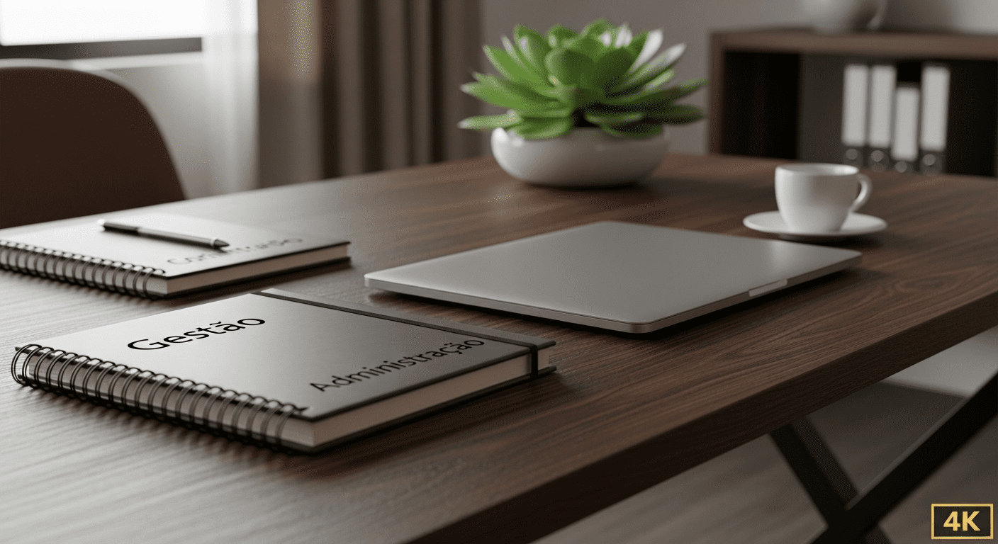 A close-up of a wooden desk with two notebooks labeled "Gestão" and "Administração," a laptop, a coffee cup, and a potted plant in the background, capturing a professional workspace environment, photorealistic, 4K, HDR, cinematic lighting, ultra detailed, vibrant colors.
