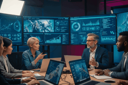 A dynamic boardroom scene where executives discuss strategies and potential collaborations, with a focus on gaming technology and community impact, surrounded by large screens displaying charts and gameplay footage. No texts on scene. Keywords: photorealistic style, high resolution, 4k details, HDR, cinematic lighting, professional photography, studio lighting, vibrant colors.