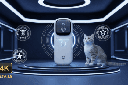 A sleek, modern smart device designed for cats is displayed prominently in a high-tech environment, showcasing its innovative features alongside symbols of approval from regulatory agencies. no texts on scene. Keywords: photorealistic style, high resolution, 4k details, HDR, cinematic lighting, professional photography, studio lighting, vibrant colors.