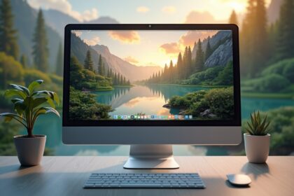 A sleek desktop setup featuring a minimalist interface with a dock at the bottom, icons neatly arranged, and a soft-focus background of a serene nature landscape, creating a calm and inviting workspace; photorealistic, 4K, HDR, cinematic lighting, ultra detailed, award-winning photography, studio shot, vibrant colors.