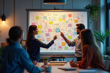 A close-up of a diverse group of entrepreneurs collaborating around a large, colorful brainstorming board filled with sketches and ideas in a modern office space, vibrant colors, photorealistic, 4K, HDR, cinematic lighting, ultra detailed, award-winning photography, studio shot.