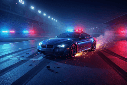 A dramatic nighttime scene at a racetrack, featuring a luxury car in a state of distress and signs of a struggle, surrounded by police lights and a sense of mystery and tension in the air. no texts on scene. Keywords: photorealistic style, high resolution, 4k details, HDR, cinematic lighting, professional photography, studio lighting, vibrant colors.