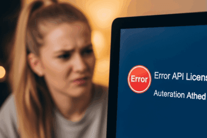 A close-up view of a computer screen displaying an error message about an API license, with a frustrated user in the background, softly blurred, under warm ambient lighting, photorealistic, 4K, HDR, ultra detailed, award-winning photography, vibrant colors.