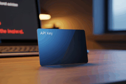 A close-up shot of a sleek, modern API key card placed on a wooden desk, with a computer screen showing an error message in the background, warm indoor lighting highlighting the details, photorealistic, 4K, HDR, ultra detailed, vibrant colors.